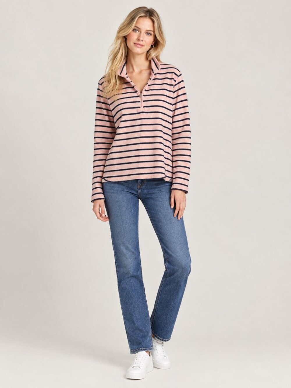 2/$30 Lands' End Striped Fleece Quarter-Zip Sweatshirt Baby Blush Navy XL #A4811